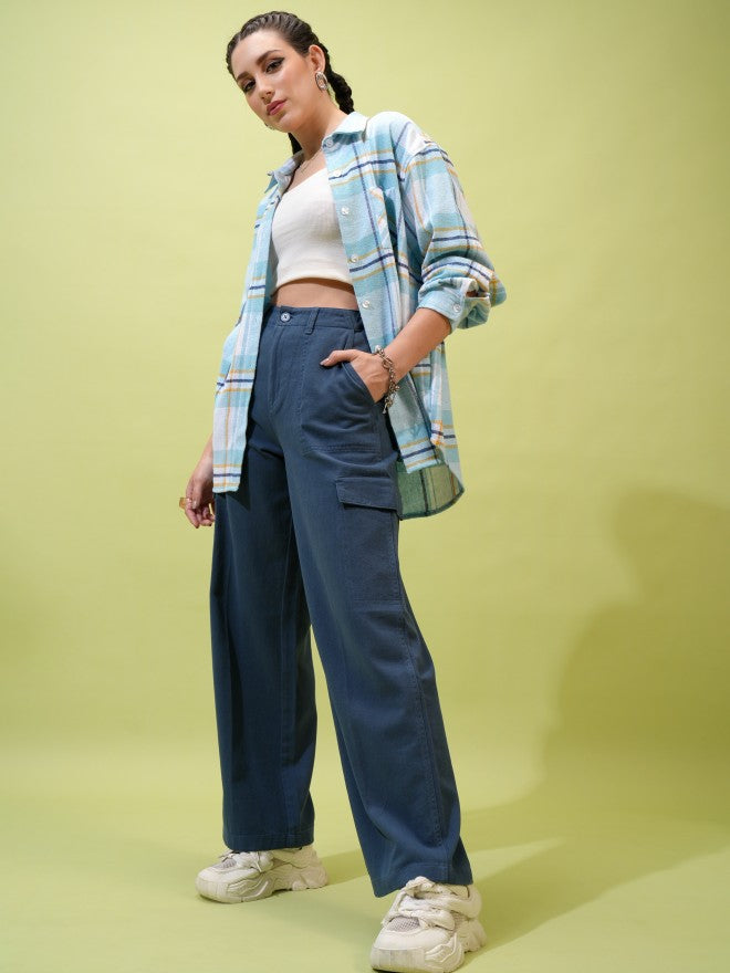 Tokyo Talkies Women Green Solid Flared Cargos - Blue - Image 2