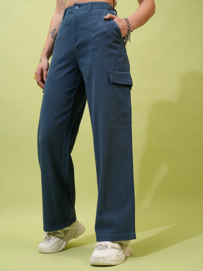 Tokyo Talkies Women Green Solid Flared Cargos - Blue - Image 4