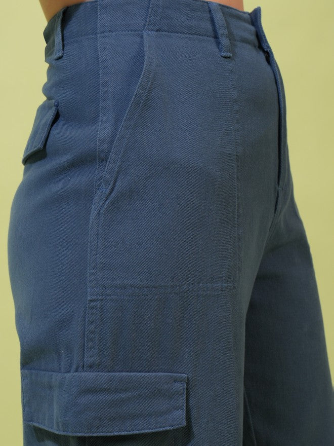 Tokyo Talkies Women Green Solid Flared Cargos - Blue - Image 5