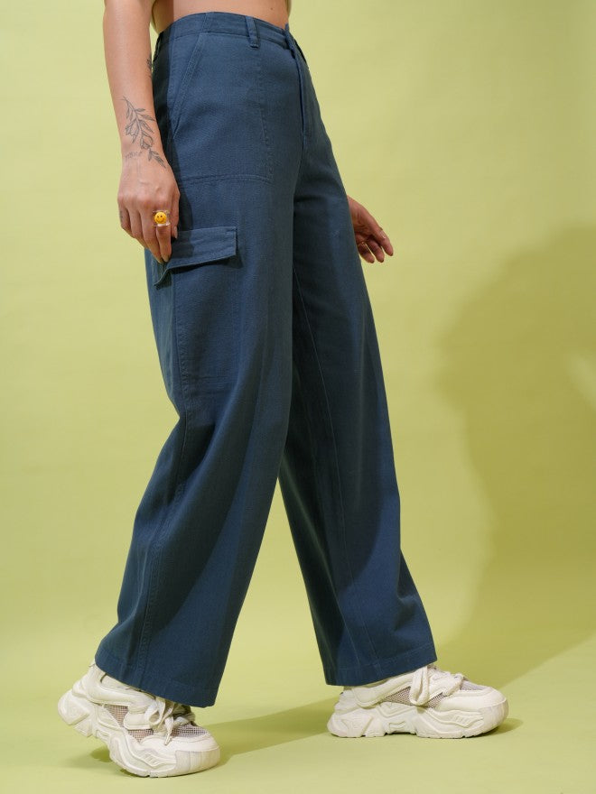 Tokyo Talkies Women Green Solid Flared Cargos - Blue - Image 6