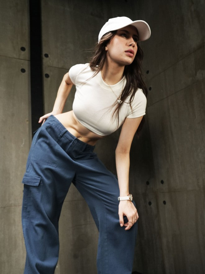 Tokyo Talkies Women Green Solid Flared Cargos - Blue - Image 1