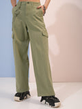 Tokyo Talkies Women Blue Solid Flared Cargos - Green - Image 1