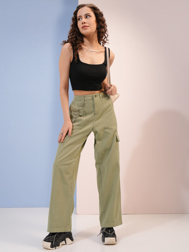 Tokyo Talkies Women Blue Solid Flared Cargos - Green - Image 2