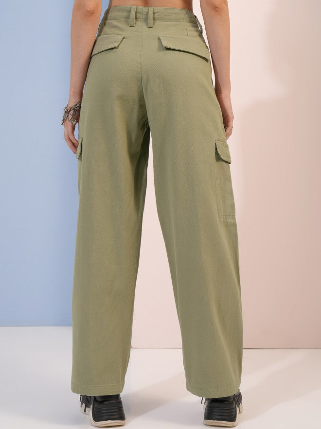 Tokyo Talkies Women Blue Solid Flared Cargos - Green - Image 3