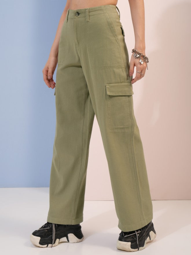 Tokyo Talkies Women Blue Solid Flared Cargos - Green - Image 4