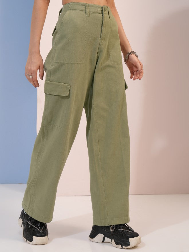 Tokyo Talkies Women Blue Solid Flared Cargos - Green - Image 6