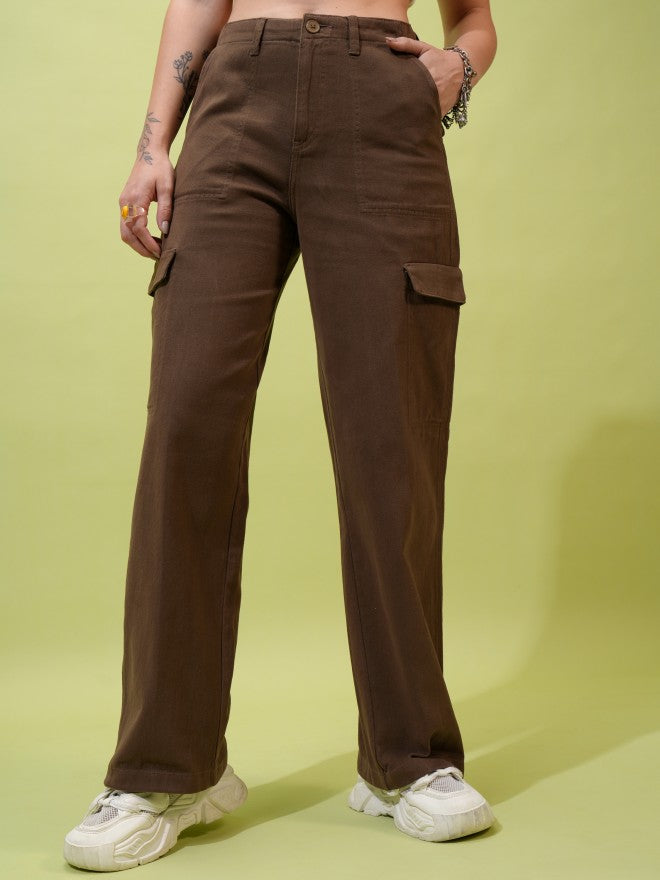 Tokyo Talkies Women Grey Solid Flared Cargos - Brown - Image 1