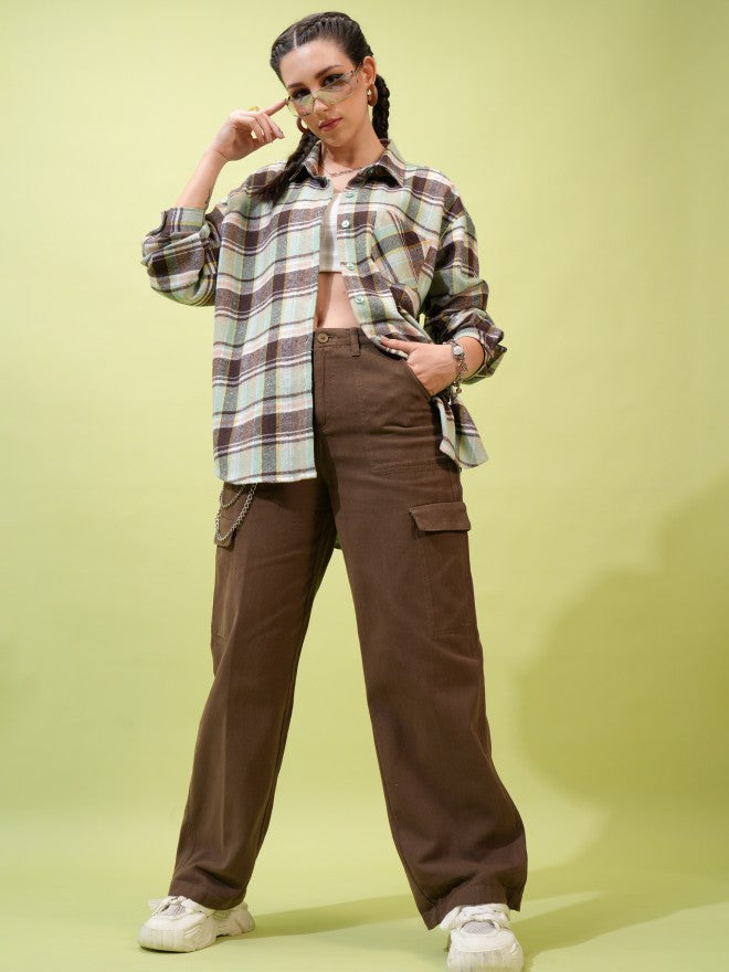 Tokyo Talkies Women Grey Solid Flared Cargos - Brown - Image 2