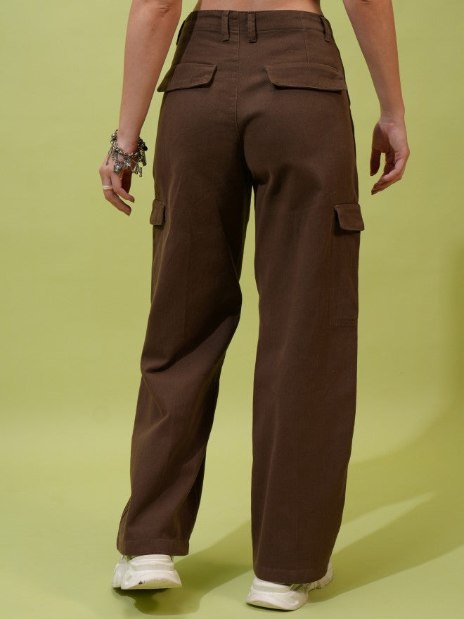 Tokyo Talkies Women Grey Solid Flared Cargos - Brown - Image 3