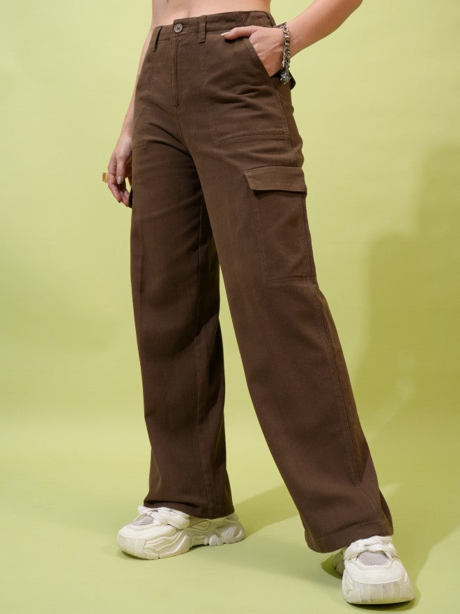 Tokyo Talkies Women Grey Solid Flared Cargos - Brown - Image 4