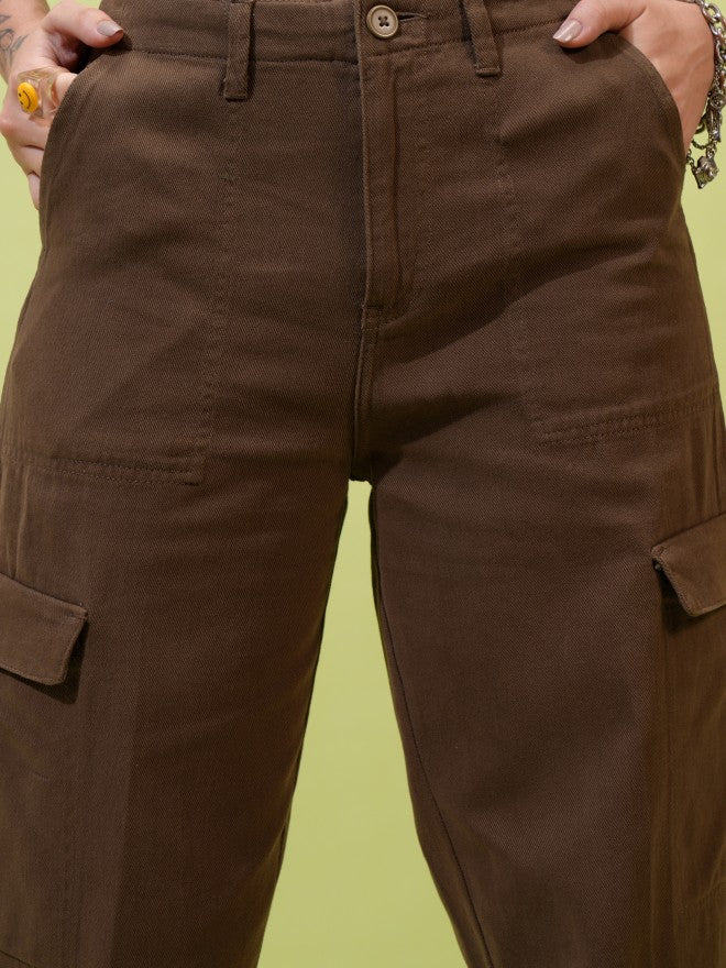 Tokyo Talkies Women Grey Solid Flared Cargos - Brown - Image 5