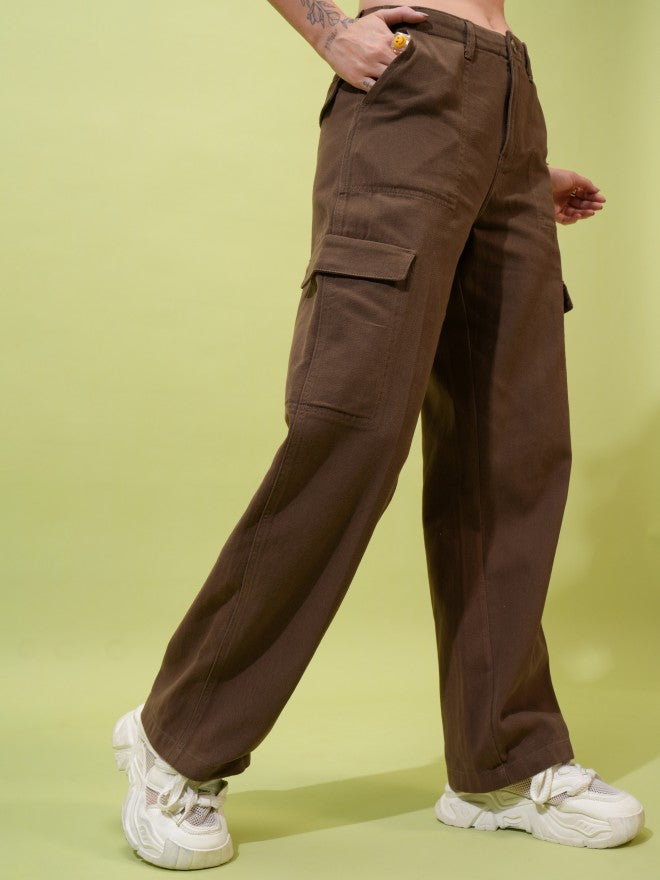 Tokyo Talkies Women Grey Solid Flared Cargos - Brown - Image 6