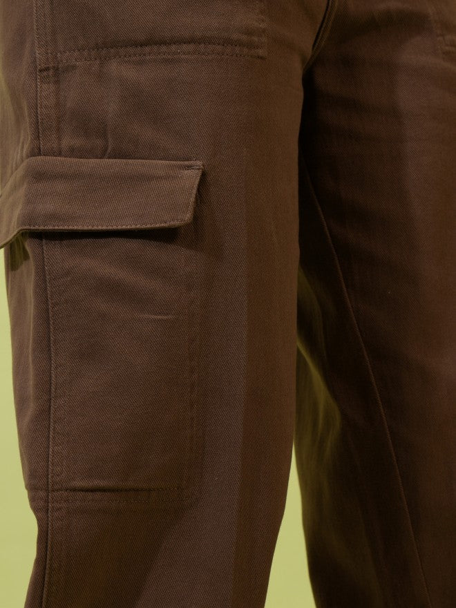 Tokyo Talkies Women Grey Solid Flared Cargos - Brown - Image 7