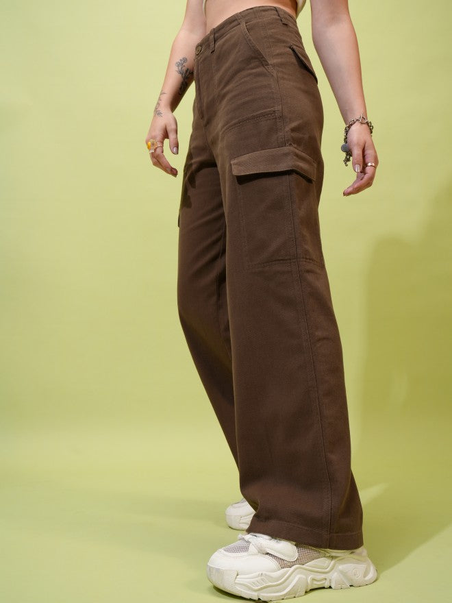 Tokyo Talkies Women Grey Solid Flared Cargos - Brown - Image 8
