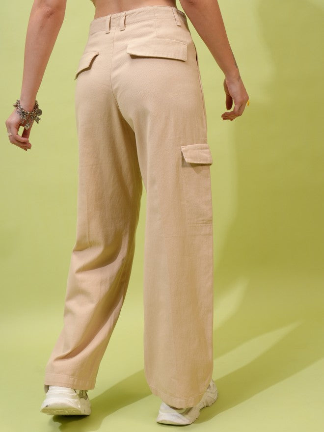 Tokyo Talkies Women Brown Solid Flared Cargos - Brown - Image 3
