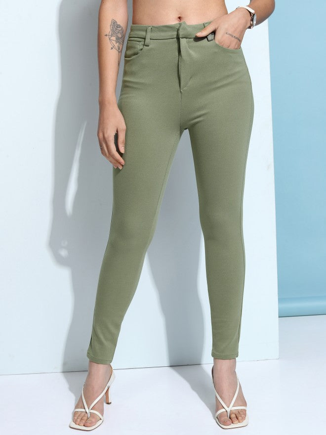 Tokyo Talkies Women Green Solid Slim Fit Chinos - Green - Image 1