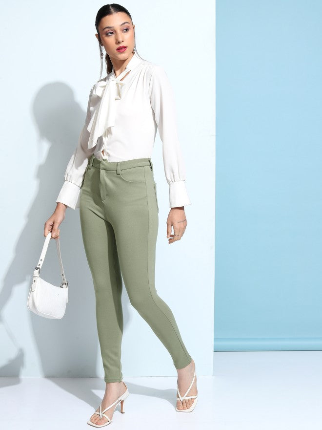 Tokyo Talkies Women Green Solid Slim Fit Chinos - Green - Image 2