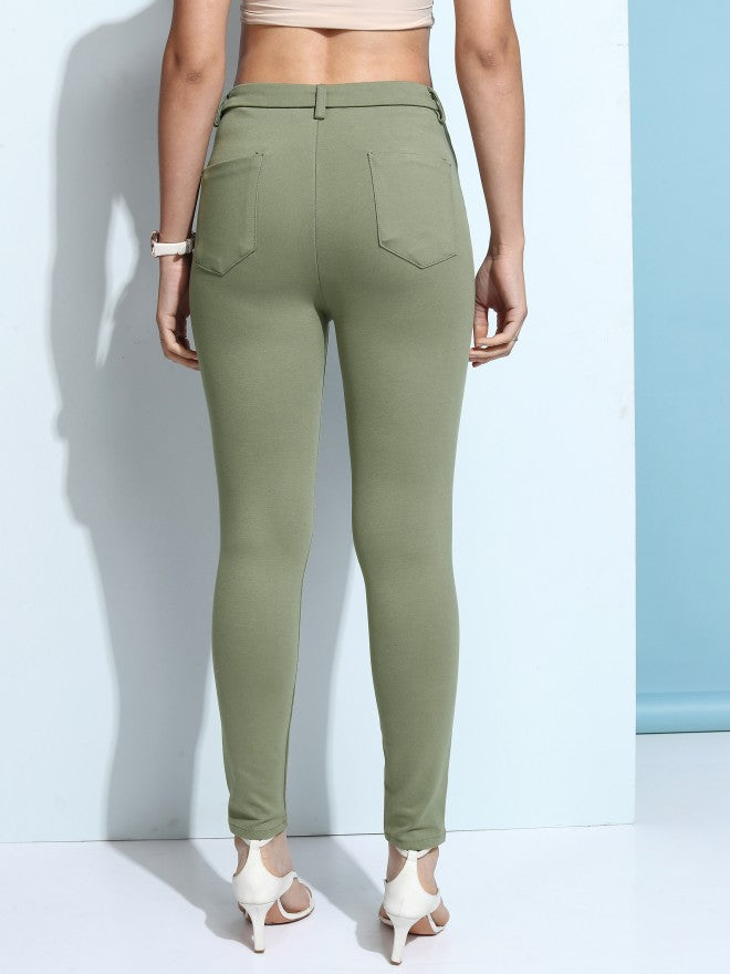 Tokyo Talkies Women Green Solid Slim Fit Chinos - Green - Image 3