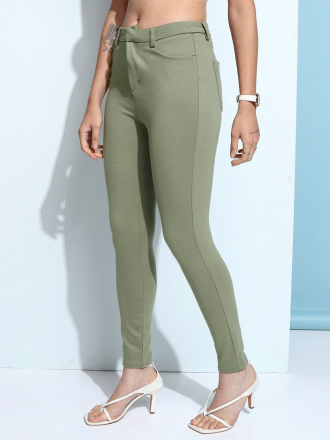 Tokyo Talkies Women Green Solid Slim Fit Chinos - Green - Image 4
