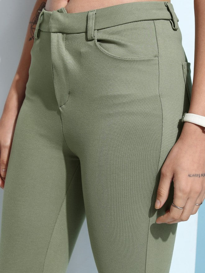 Tokyo Talkies Women Green Solid Slim Fit Chinos - Green - Image 5