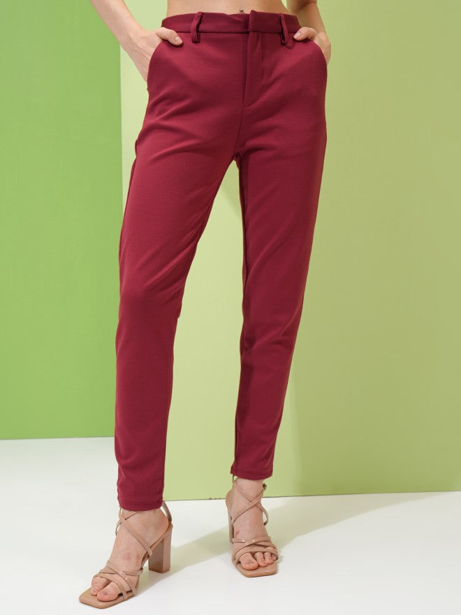 Tokyo Talkies Women Maroon Solid Slim Fit Casual Trouser - Maroon - Image 1