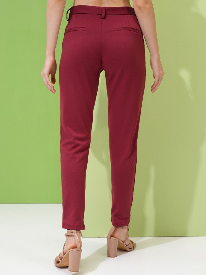 Tokyo Talkies Women Maroon Solid Slim Fit Casual Trouser - Maroon - Image 3
