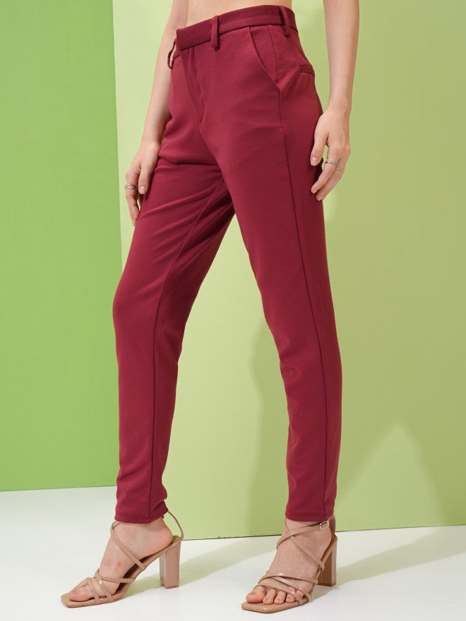 Tokyo Talkies Women Maroon Solid Slim Fit Casual Trouser - Maroon - Image 4