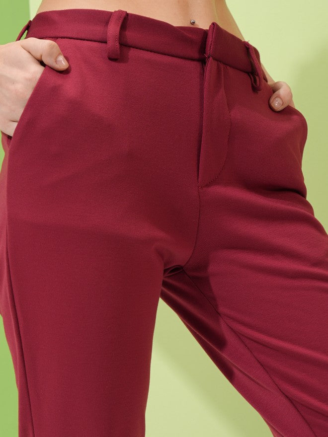 Tokyo Talkies Women Maroon Solid Slim Fit Casual Trouser - Maroon - Image 5
