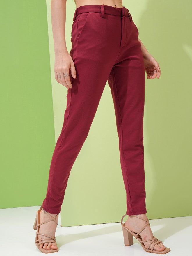 Tokyo Talkies Women Maroon Solid Slim Fit Casual Trouser - Maroon - Image 6