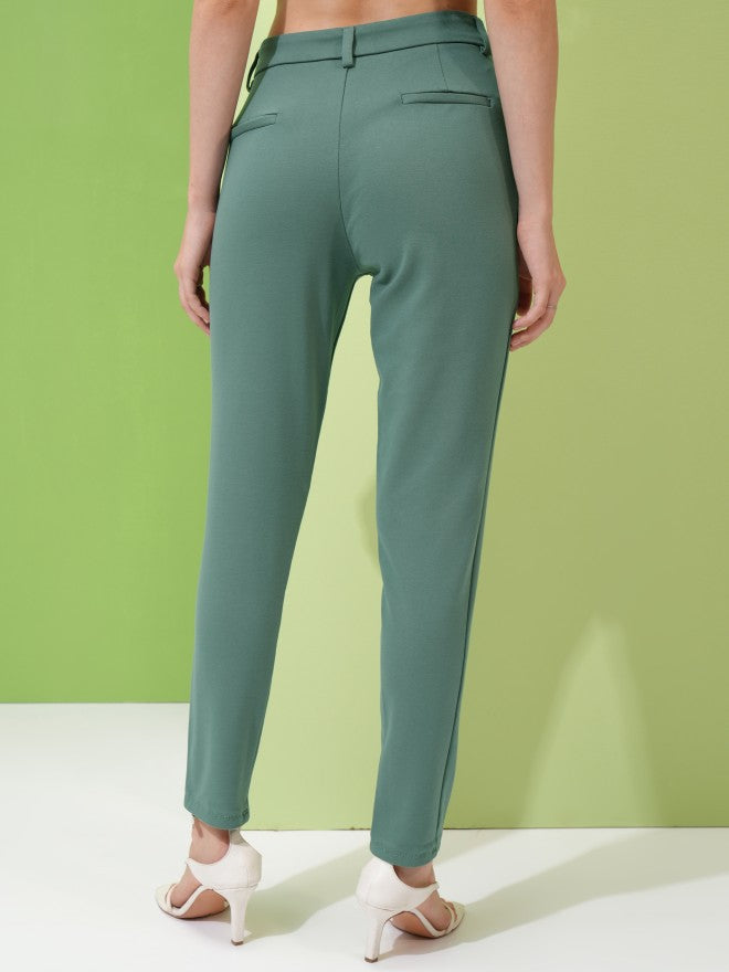 Tokyo Talkies Women Teal Solid Slim Fit Chinos - Teal - Image 3