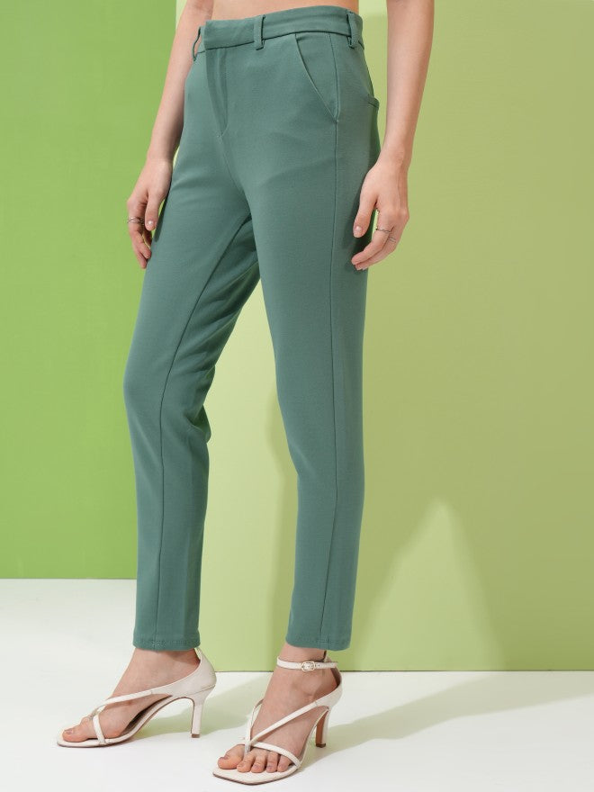 Tokyo Talkies Women Teal Solid Slim Fit Chinos - Teal - Image 4