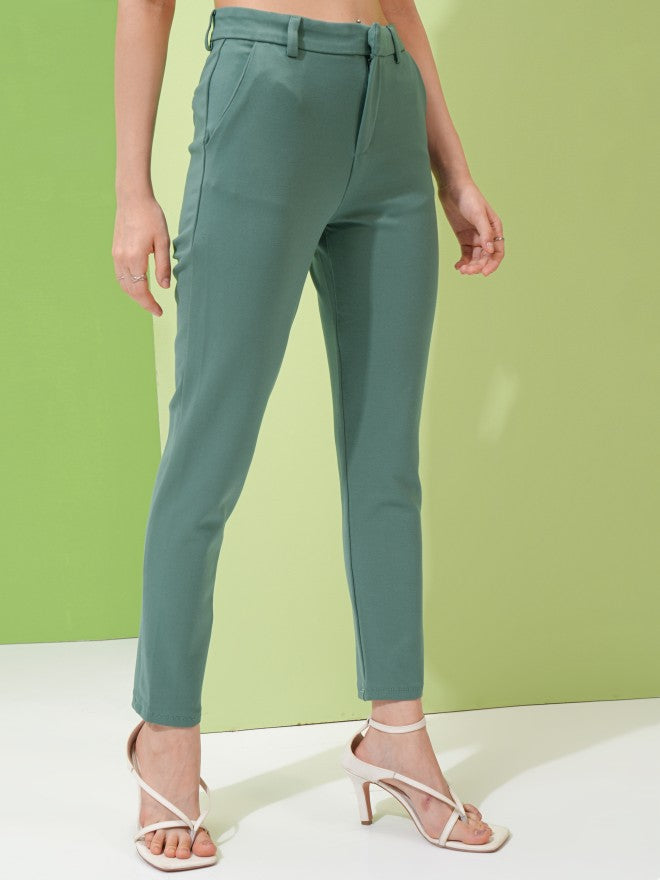 Tokyo Talkies Women Teal Solid Slim Fit Chinos - Teal - Image 6