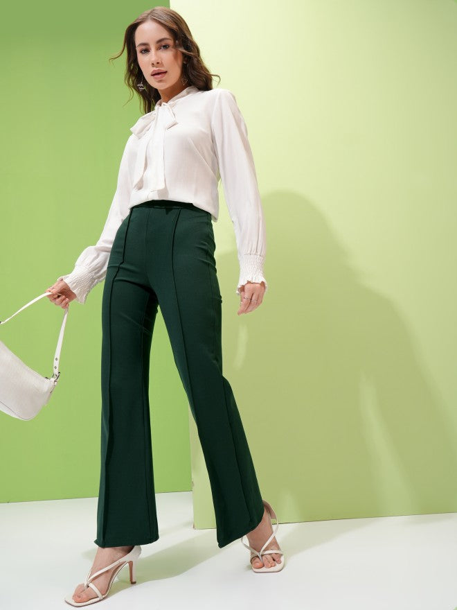 Tokyo Talkies Women Green Solid Regular Fit Casual Trousers - Green - Image 2