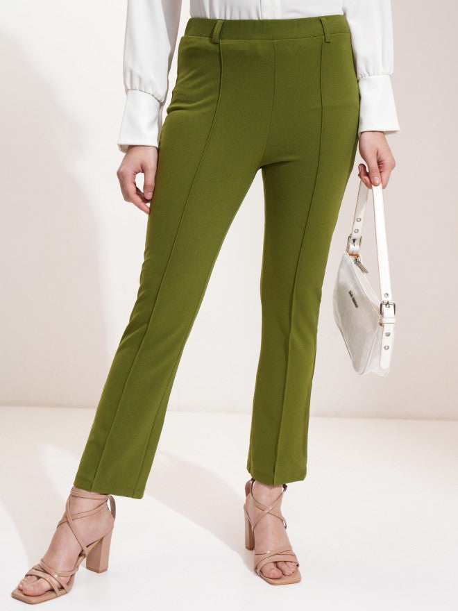 Tokyo Talkies Women Olive Solid Flared Casual Trouser - Olive - Image 1