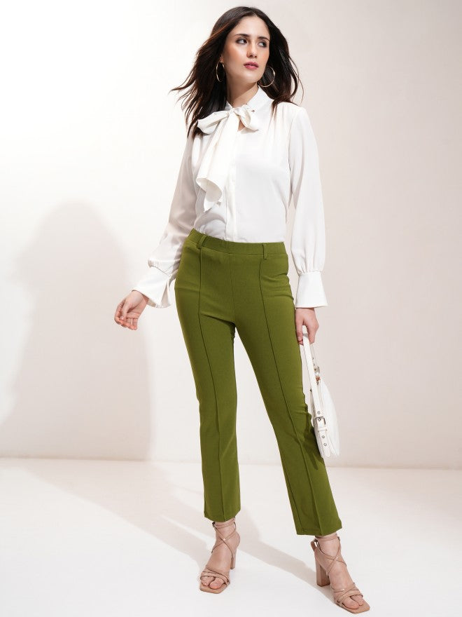 Tokyo Talkies Women Olive Solid Flared Casual Trouser - Olive - Image 2