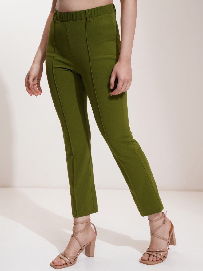 Tokyo Talkies Women Olive Solid Flared Casual Trouser - Olive - Image 4