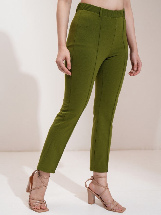 Tokyo Talkies Women Olive Solid Flared Casual Trouser - Olive - Image 6