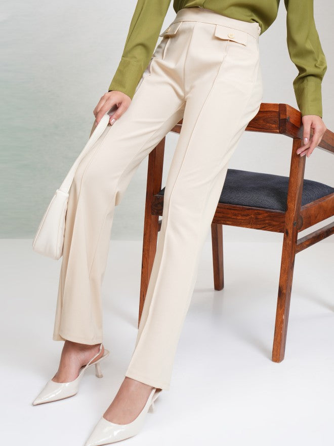 Tokyo Talkies Women Off White Solid Flared Casual Trouser - Off White - Image 1