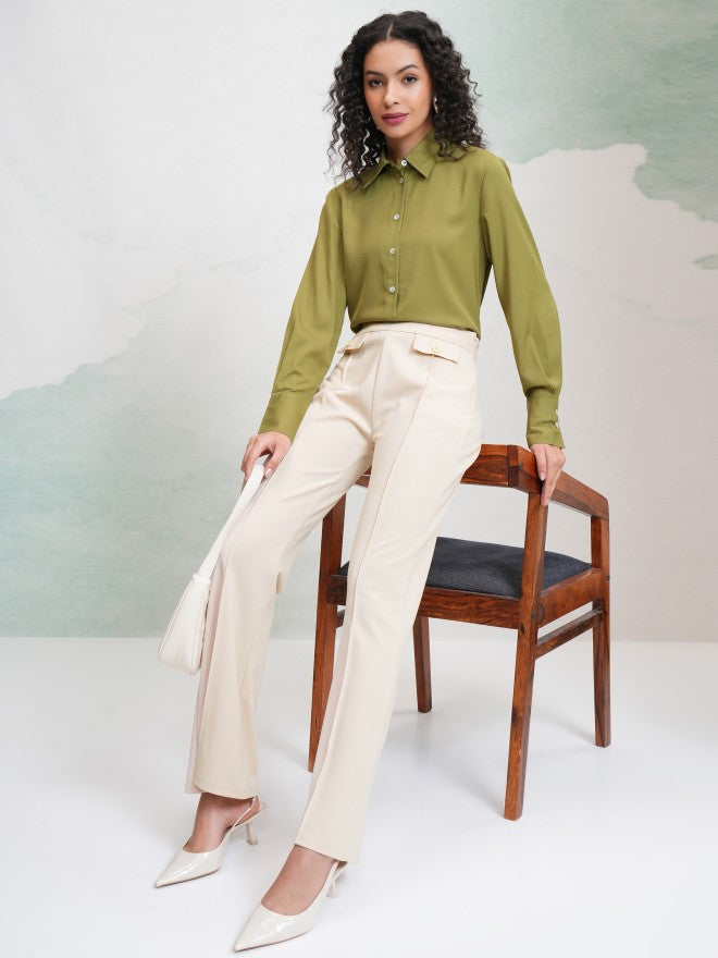 Tokyo Talkies Women Off White Solid Flared Casual Trouser - Off White - Image 2