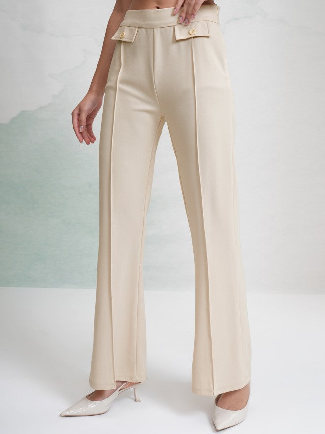 Tokyo Talkies Women Off White Solid Flared Casual Trouser - Off White - Image 4