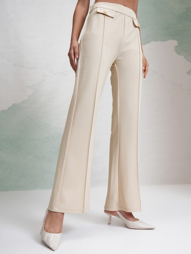 Tokyo Talkies Women Off White Solid Flared Casual Trouser - Off White - Image 6