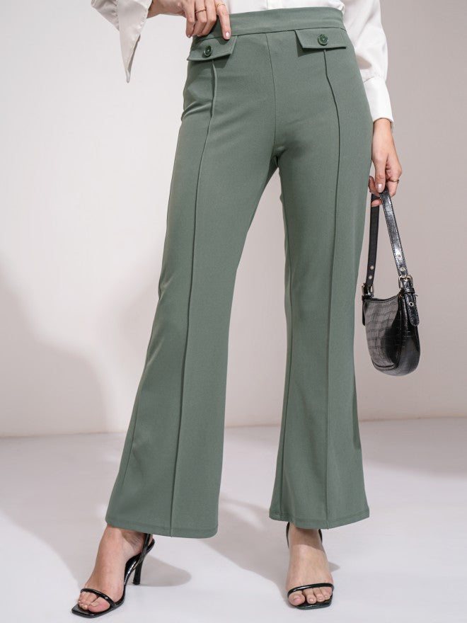 Tokyo Talkies Women Olive Solid Flared Casual Trouser - Olive - Image 1