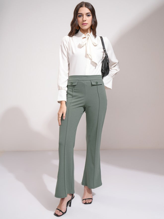 Tokyo Talkies Women Olive Solid Flared Casual Trouser - Olive - Image 2