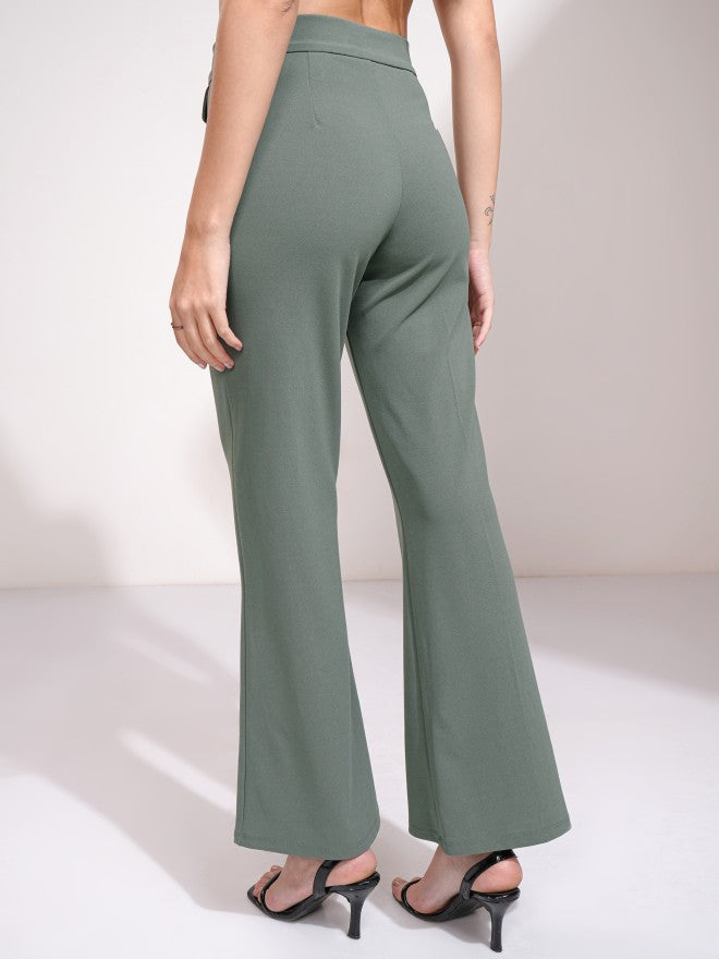 Tokyo Talkies Women Olive Solid Flared Casual Trouser - Olive - Image 3