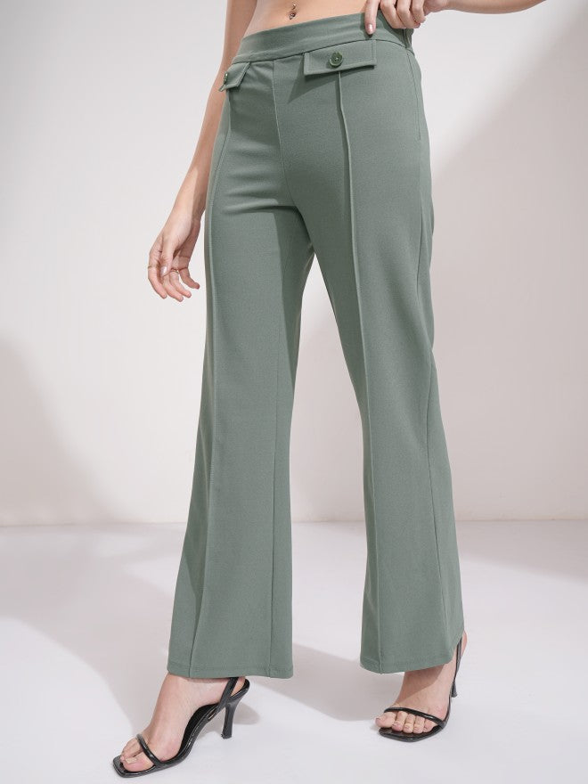 Tokyo Talkies Women Olive Solid Flared Casual Trouser - Olive - Image 4