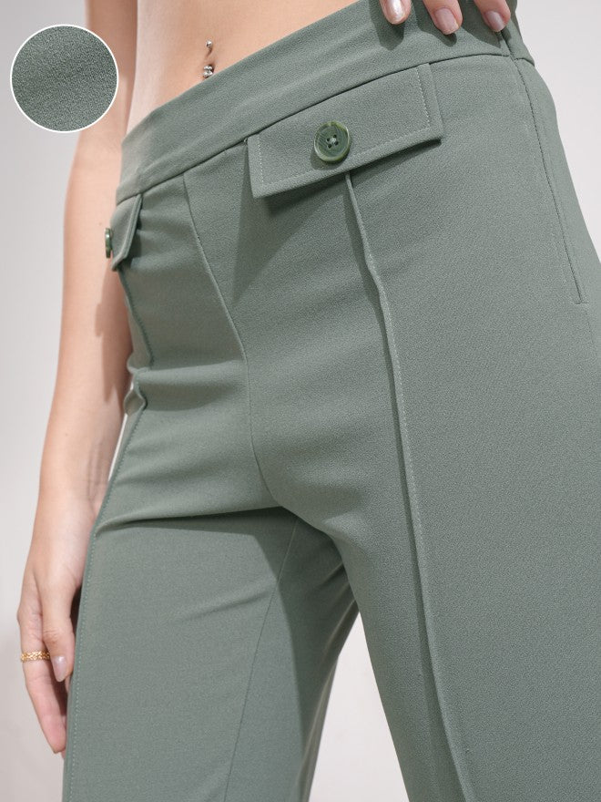 Tokyo Talkies Women Olive Solid Flared Casual Trouser - Olive - Image 5