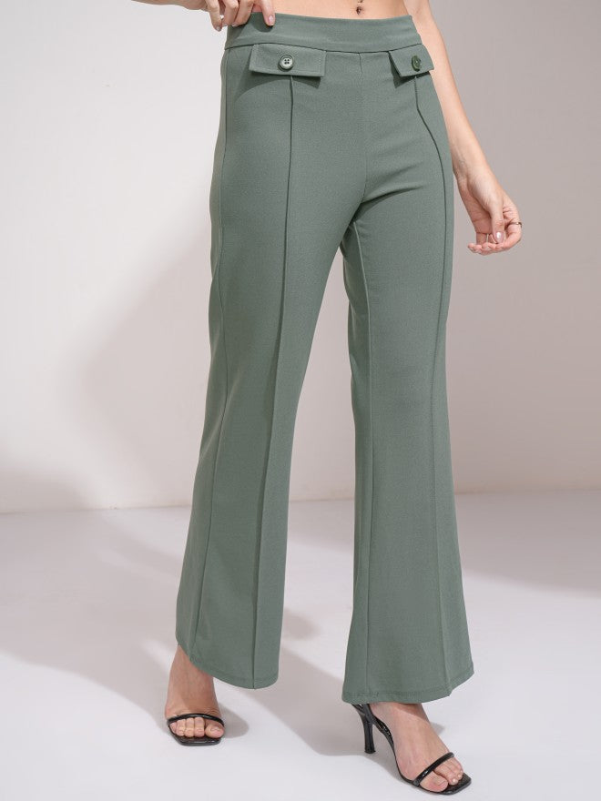 Tokyo Talkies Women Olive Solid Flared Casual Trouser - Olive - Image 6