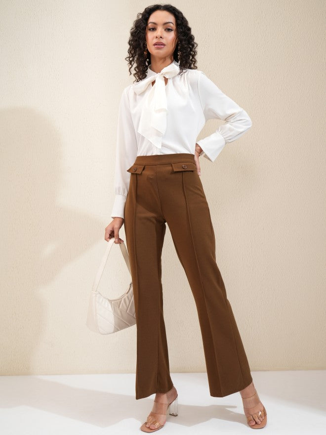 Tokyo Talkies Women Brown Solid Flared Casual Trouser - Brown - Image 2