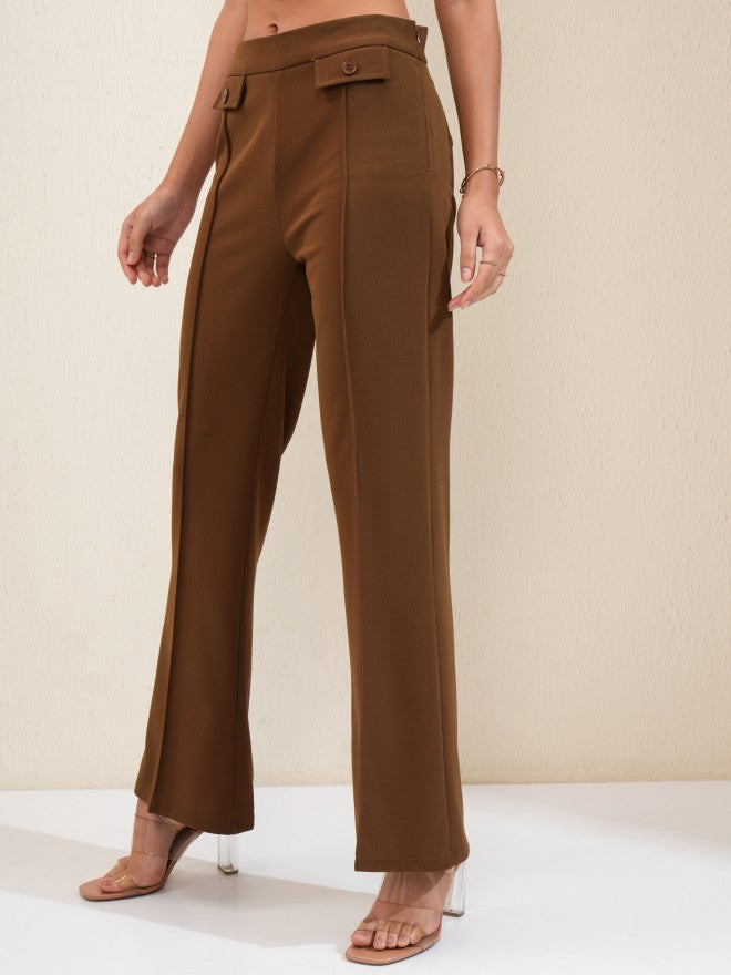 Tokyo Talkies Women Brown Solid Flared Casual Trouser - Brown - Image 4