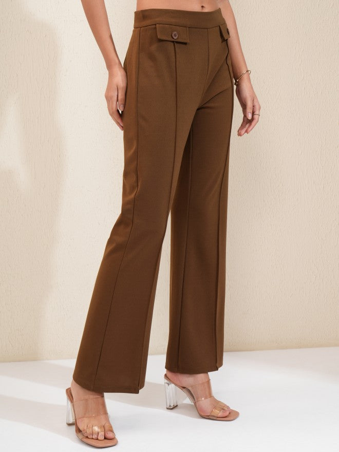 Tokyo Talkies Women Brown Solid Flared Casual Trouser - Brown - Image 6
